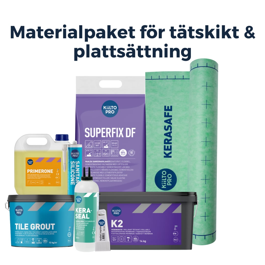 Materialpaket tätskikt & plattsätning för badrum 9 kvm Kiilto