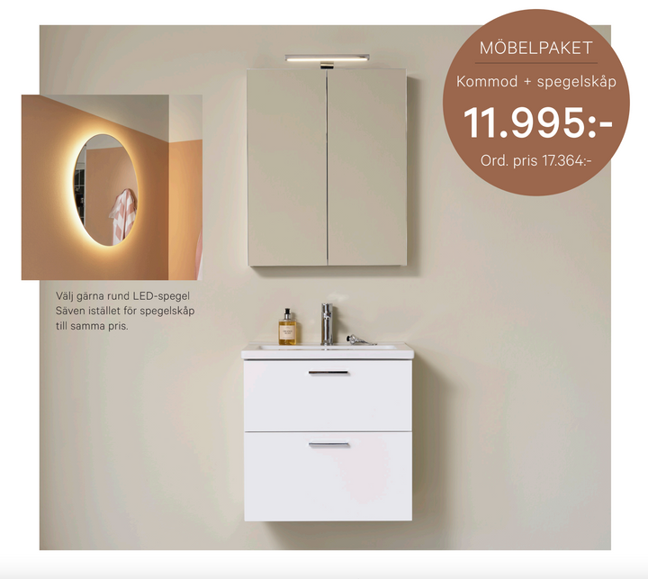 Badrumspaket - Kommod Free 615 med spegel/spegelskåp Vedum - KakelExpress