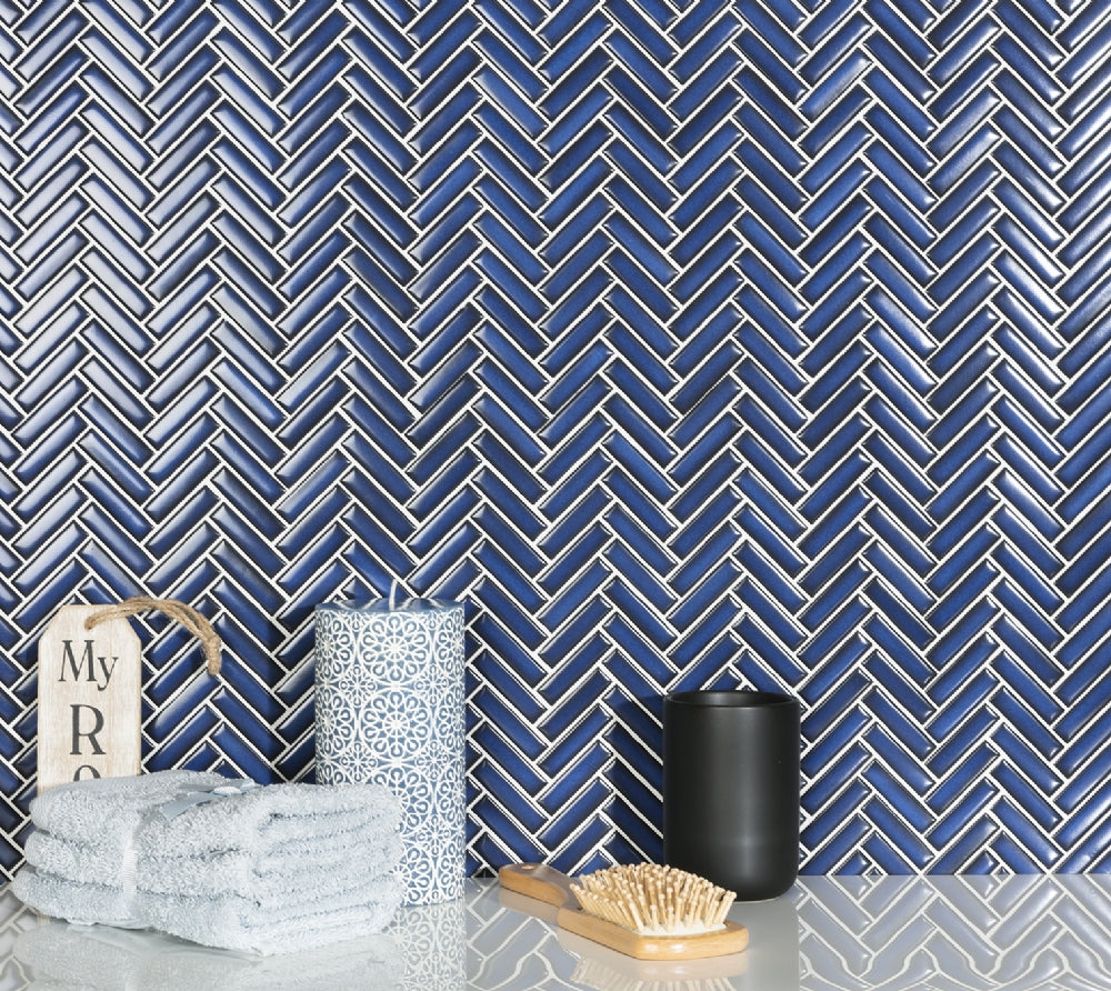 Fishbone Blue Glossy Mosaik - KakelExpress