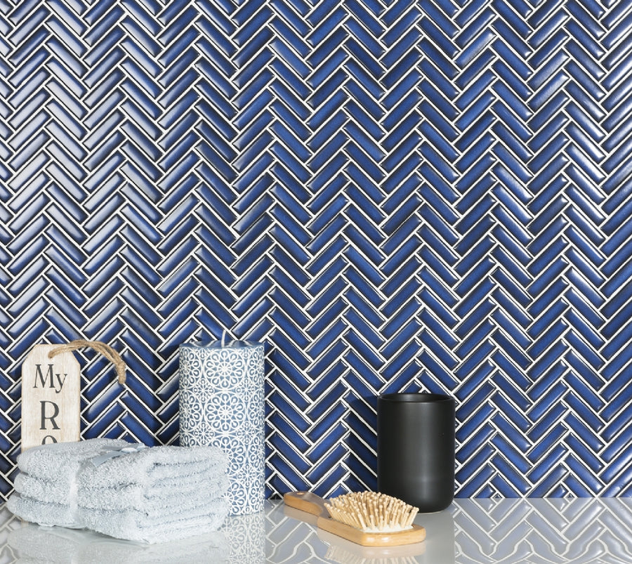 Fishbone Blue Glossy Mosaik - KakelExpress
