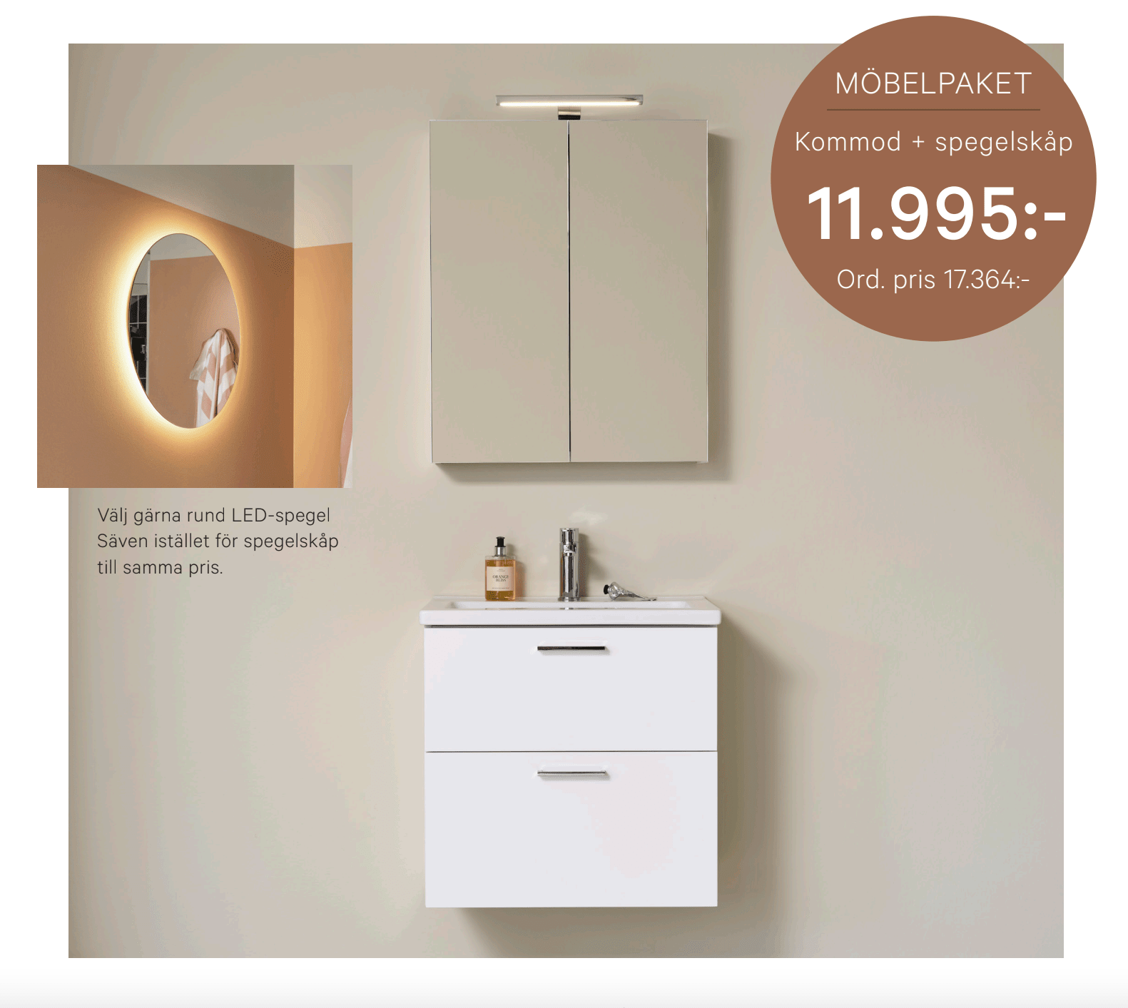 Badrumspaket - Kommod Free 615 med spegel/spegelskåp Vedum - Vedum - KakelExpress